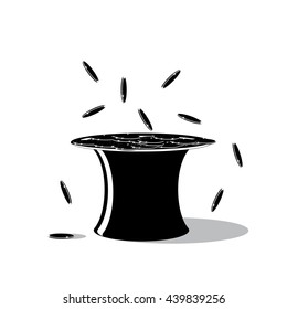 icon money. A black hat and the falling coins on a white background
