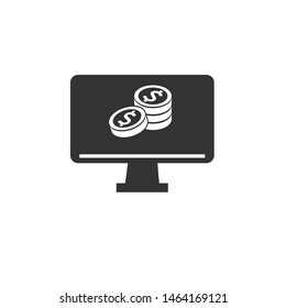 icon money coin in computer. illustration isolated sign symbol for web, modern minimalistic flat design vector on white background. marketing. Business. transfer. Digital banking services online