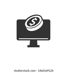 icon money coin in computer. illustration isolated sign symbol for web, modern minimalistic flat design vector on white background. marketing. Business. transfer. Digital banking services online
