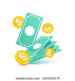 Icon money gold coins dollar and banknote green isolated on white background. Financial business concept. 3D Vector EPS10 illustration.