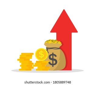 Icon of money income. Increase financial revenue. Growth of budget or profit. Return interest of earn. High arrow for more capital of company. Investment in business for multiply profit. Vector.