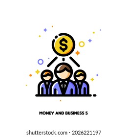 Icon of money and three business persons for partner program or referrals network concept. Flat filled outline style. Pixel perfect 64x64. Editable stroke