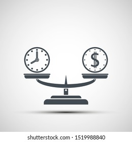 Icon money and time balance on the scales. Weighing dollar coins and clock. Vector logo