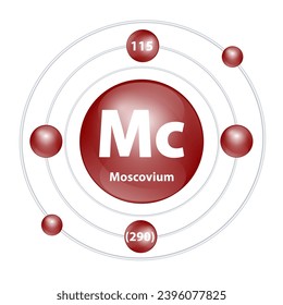Icon Moscovium (Mc) structure chemical element round shape circle dark brown with surround ring. 3D Illustration vector. Period number shows of energy levels of electron. Study science for education.