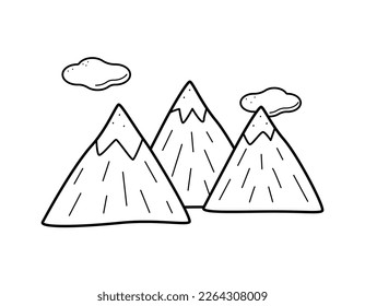 Icono de una montaña con nubes, vector de dibujos animados de garabatos. La ilustración está aislada en blanco.
