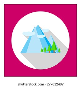 Icon of mountain landscape with mountains, trees and clouds
