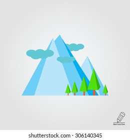 Icon of mountain landscape with mountains, trees and clouds