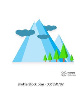 Icon of mountain landscape with mountains, trees and clouds