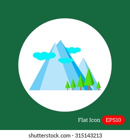 Icon of mountain landscape with mountains, trees and clouds