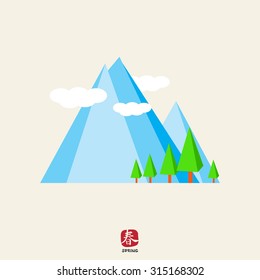 Icon of mountain landscape with mountains, trees and clouds