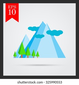 Icon of mountain landscape with mountains, trees and clouds