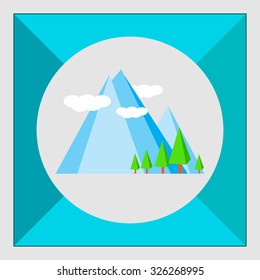 Icon of mountain landscape with mountains, trees and clouds