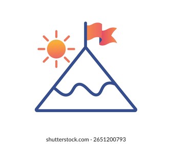 Icon of a mountain peak with a flag and a rising sun symbolizing achievement and success