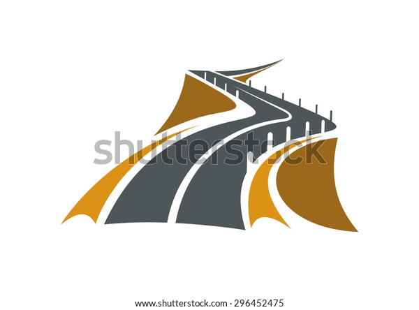 Icon of mountain road\
over a precipice with steep rocky slopes on both sides and concrete\
safety bollards receding into distance, suitable for transportation\
or travel design