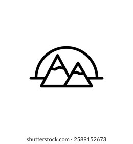 Icon of mountain and sunset. Two mountains and sun depicted in a line style. Minimal outline vector illustration on white background. 