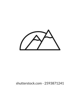 Icon of mountain and sunset. Two mountains and sun depicted in a line style. Minimal outline vector illustration on white background. 