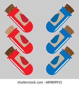 Icon MP and HP. Jars with a blue and red liquid in a flat style. The tube is closed with a stopper. A game icon of a potion with manna and health. Vector illustration.