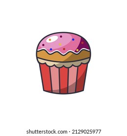 Icon of muffin in glaze in line art. Dessert on an isolated white background. Confectionery food in flat design. Vector stock illustration