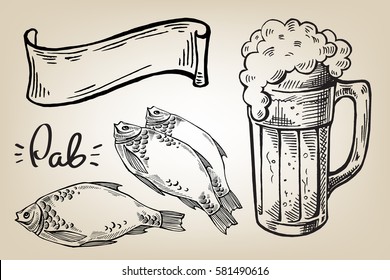icon with mug, beer, fish and ribbon in graphic style vector illustration