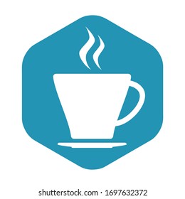 Icon of a mug with a hot drink. A white mug with a saucer and hot steam. Vector illustration isolated on a white background for design and web.