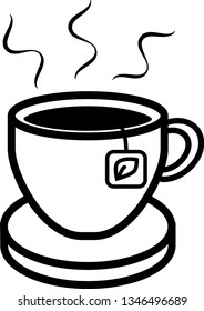 Icon mug on a stand with a hot tea bag for websites or applications.