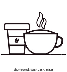 Icon mug and plastic cup with hot coffee.Outline flat vector illustration.Isolated on a white background.
