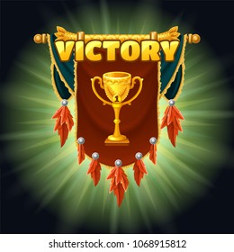 Icon of multicolored medieval vertical flag decorated with a goblet. Icons levels and prizes for computer game. 3d realistic vector illustration.