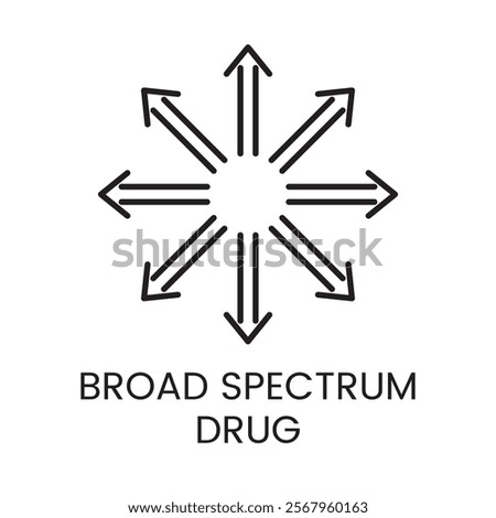 An icon of multiple arrows radiating outward from a central point in vector, representing a broad spectrum drug, with an editable stroke.