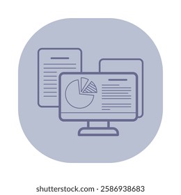 Icon of multiple documents and computer screen displaying pie chart. Data analysis and business activities in modern office setting concept