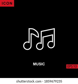Icon music vector on black background. Illustration line, linear, outline and lineal icon for graphic, print media interfaces and web design.