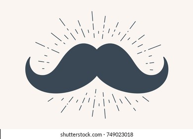 Icon mustache. Poster and banner with black mustache and vintage sun rays sunburst. Classic graphic design. Monochrome vintage drawing for icon, poster, banner. Vector Illustration