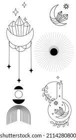 Icon Mystic vector items, moon, crystals, bottles. Doodle astrology style. Doodle esoteric, boho mystical hand drawn elements. Magic and witchcraft, witch esoteric alchemy. Icons set. Vector
