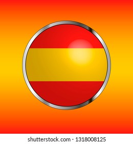 Icon of national flag of Spain, round button with metal silver frame and reflection of light. Beautiful background with flag colors. Editable vector EPS 10 illustration.
