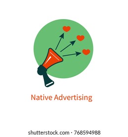 Icon native advertising. Megaphone and arrows to hearts. Consumers trust. Blogger and followers. Vector illustration