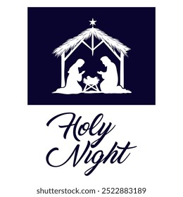 An icon of the Nativity scene with a greeting text. The Virgin Mary and Joseph at the manger with the newborn Jesus. Vector on white background