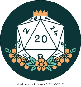 icon of natural 20 D20 dice roll with floral elements