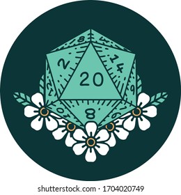 icon of natural 20 D20 dice roll with floral elements