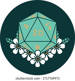 icon of natural 20 D20 dice roll with floral elements