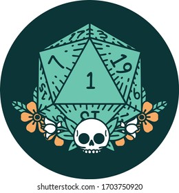 icon of natural one dice roll with floral elements