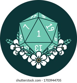 icon of natural one dice roll with floral elements