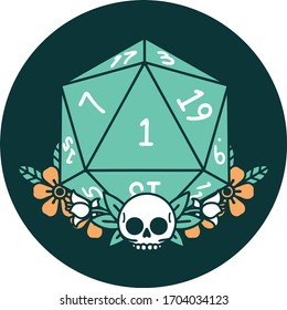 icon of natural one dice roll with floral elements