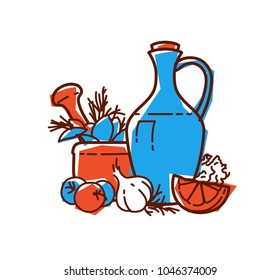 Icon of natural products. Still life of food. Healthy food. Icon for the site. The illustration is isolated on a white background. Vector icon. Ingredients. Illustration for the menu.