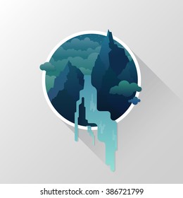Icon of nature in flat style. River in the mountains. Vector illustration.