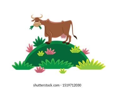 Icon of nature. Vector illustration of a cow on a hill with vegetation around; to use like a logo, design element or similar thing. Cartoon style