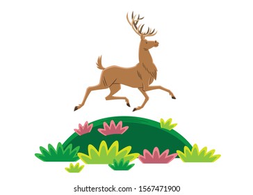 Icon of nature. Vector illustration of a deer running on a hill with vegetation around; to use like a logo, design element or similar thing. Cartoon style