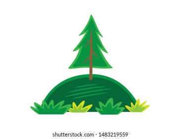 Icon of nature. Vector illustration of a fir tree, on a hill and shrubbery; to use like a logo, design element or similar thing. Cartoon style