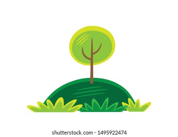 Icon of nature. Vector illustration of a tree, on a hill and shrubbery; to use like a logo, design element or similar thing. Cartoon style