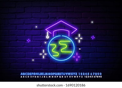 Icon neon lights the land with a cap student. Luminous sign of an Internet cafe. Spherical model of the Earth. Global network. Vector isolated illustration