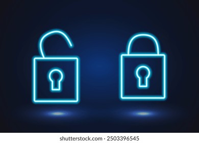 Icon neon, luminous lock blue open and closed set . Vector 