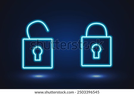 Icon neon, luminous lock blue open and closed set . Vector 